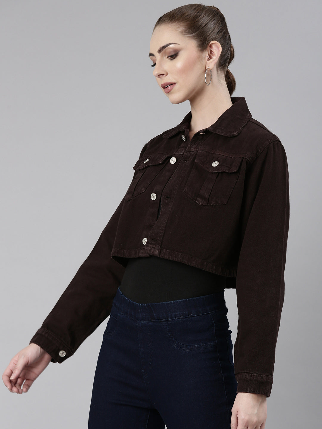 Women Coffee Brown Solid Denim Jacket