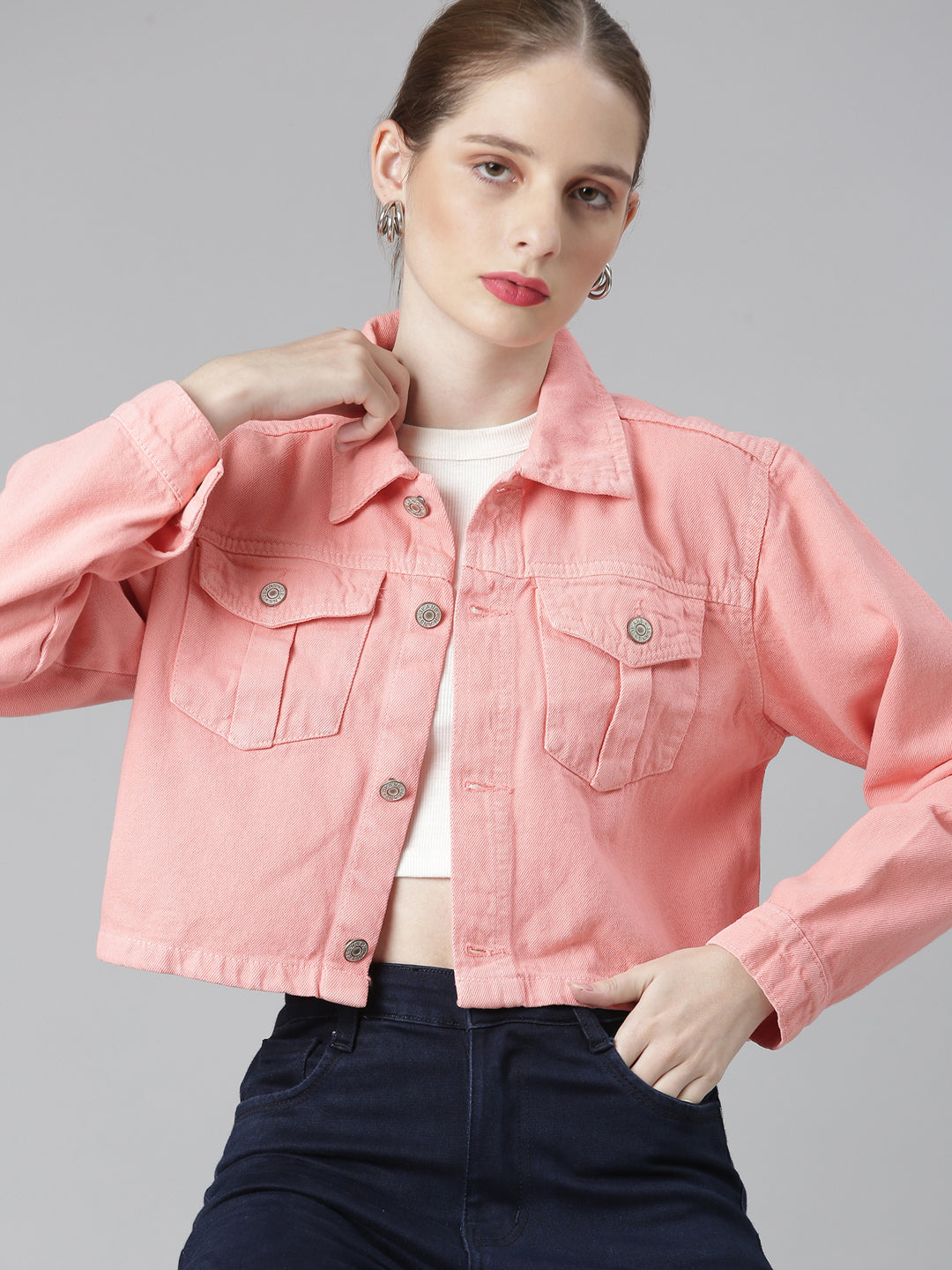 Women Coral Solid Denim Jacket