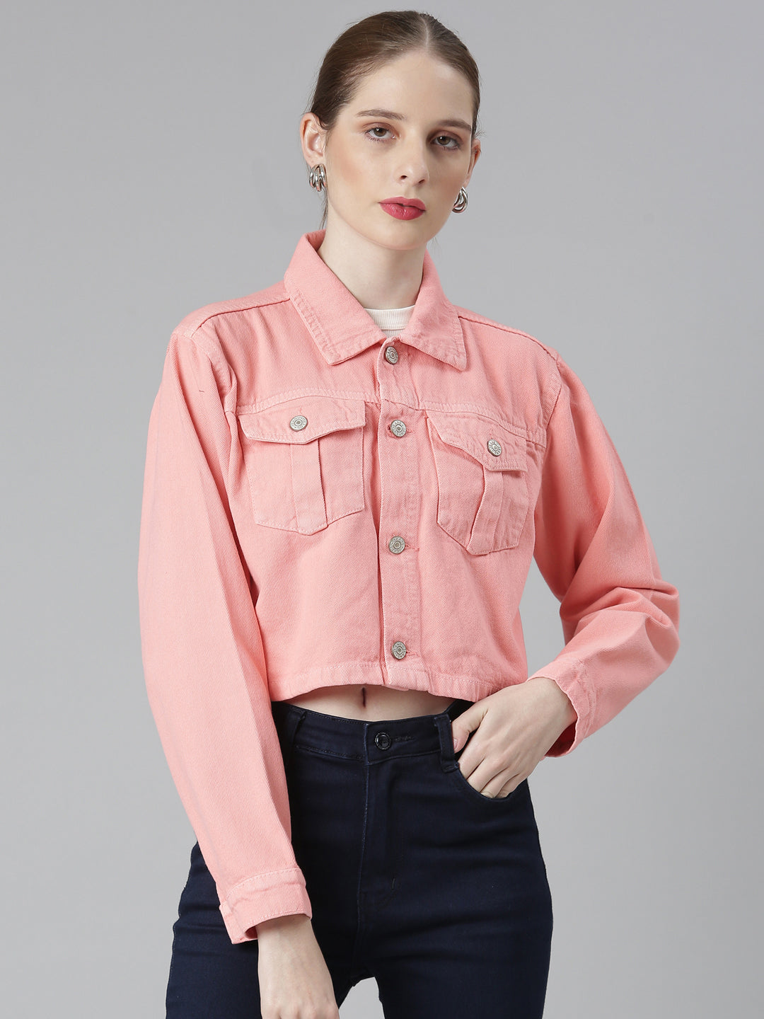 Women Coral Solid Denim Jacket