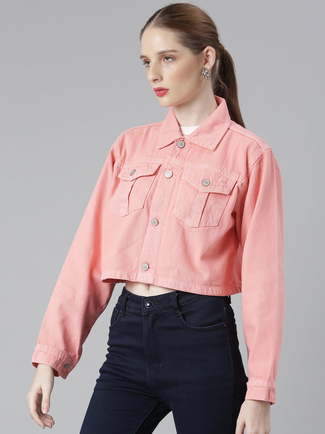 Women Coral Solid Denim Jacket