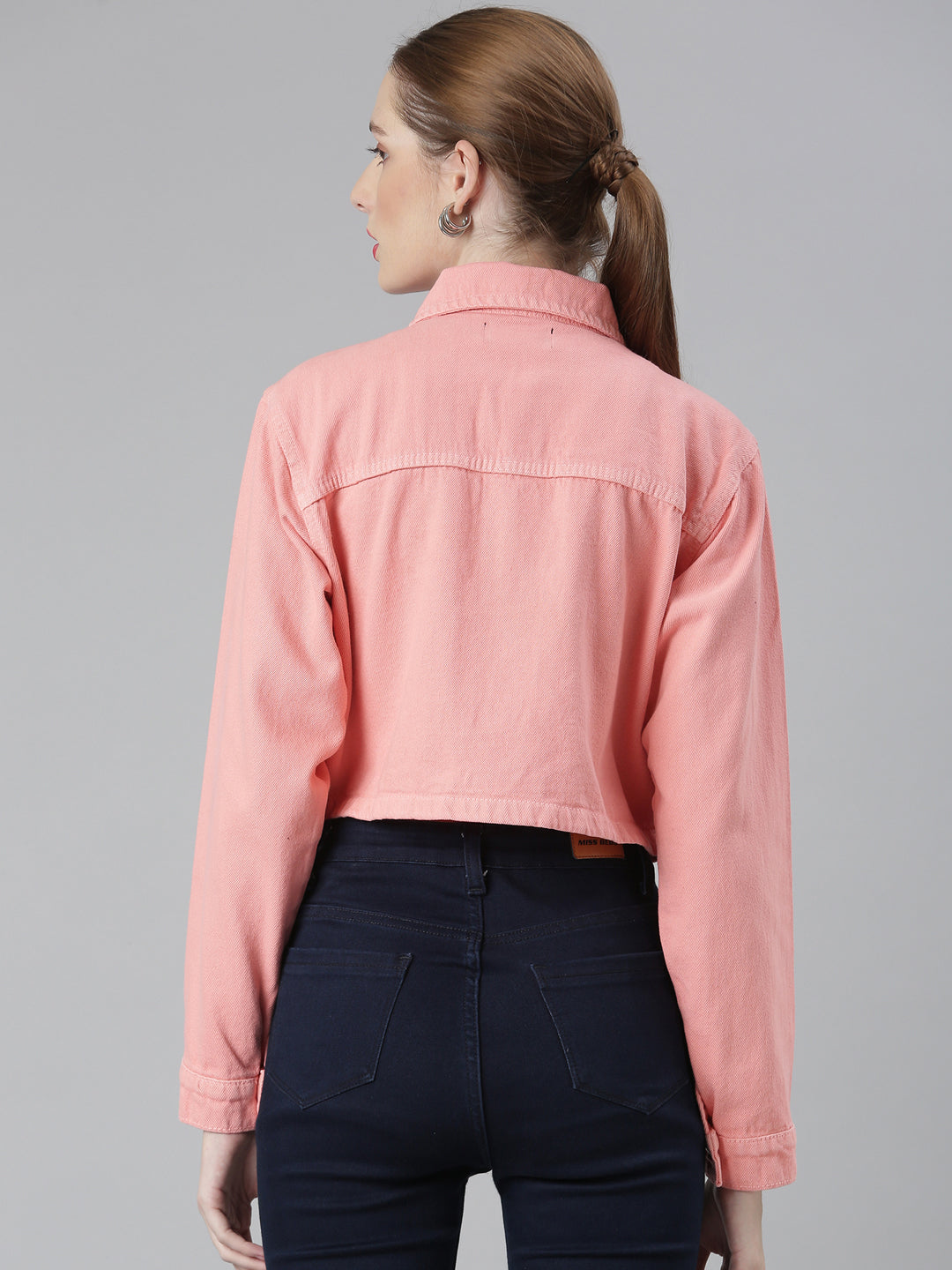 Women Coral Solid Denim Jacket