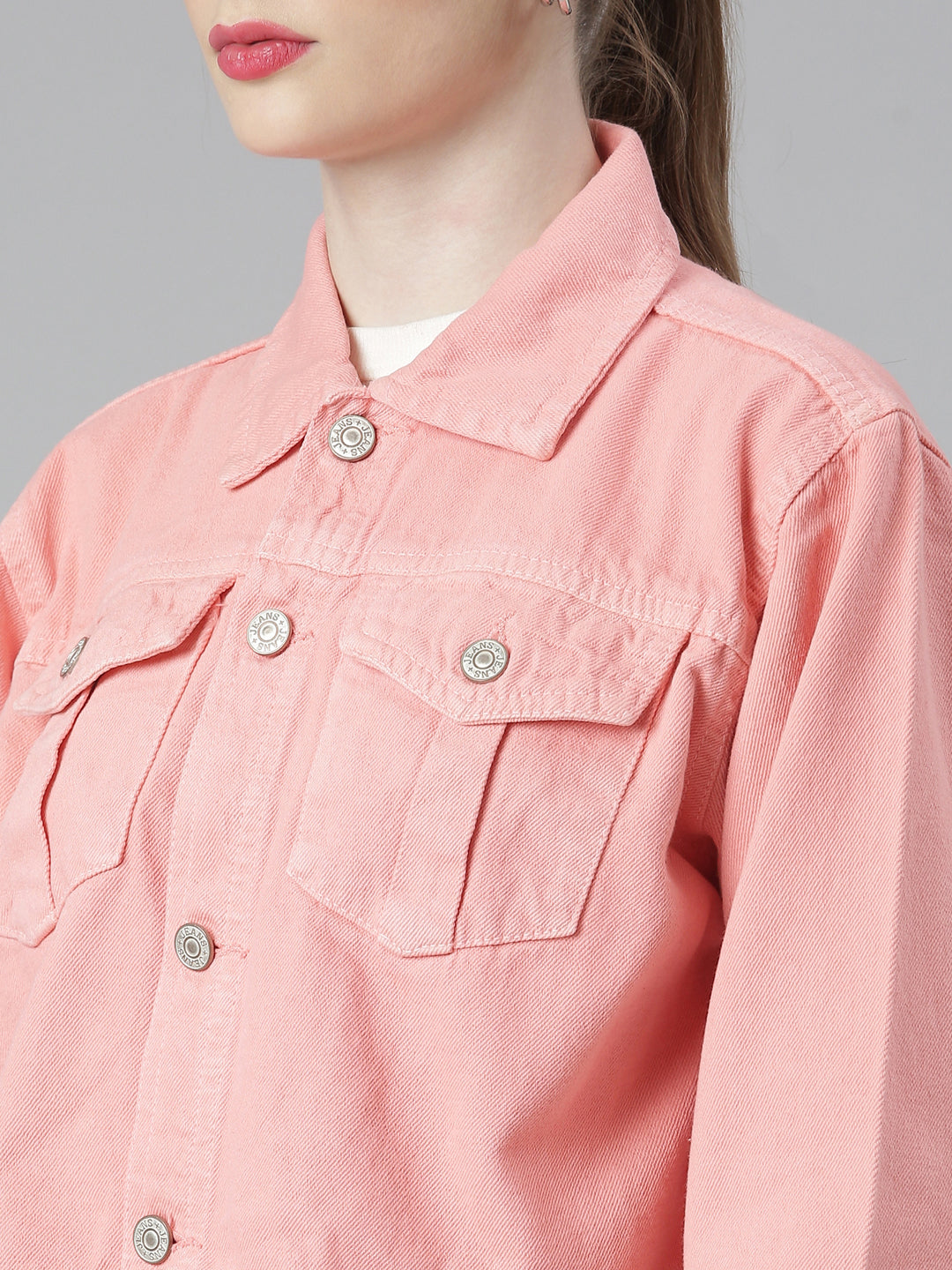 Women Coral Solid Denim Jacket