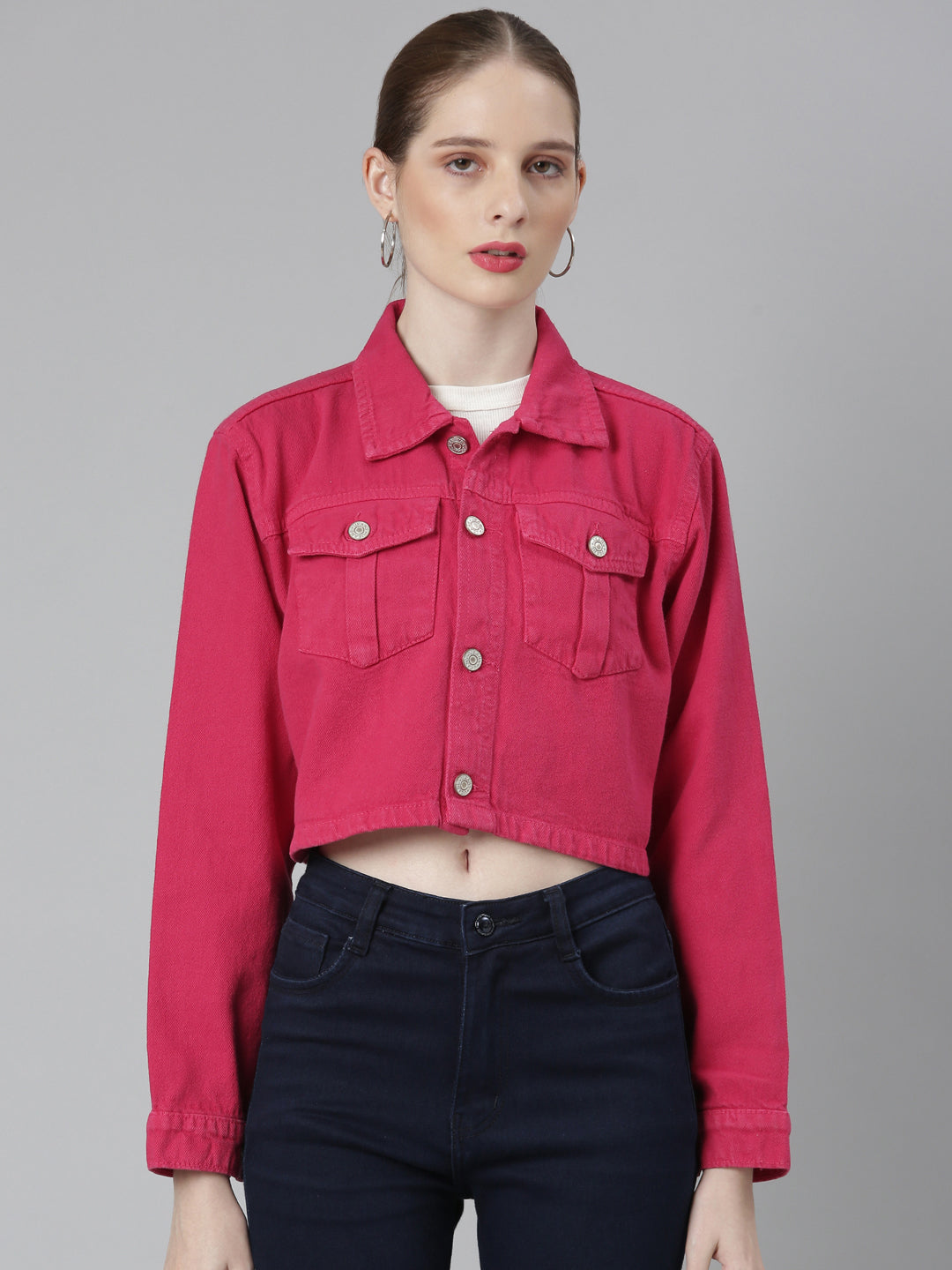 Women Fuchsia Solid Denim Jacket