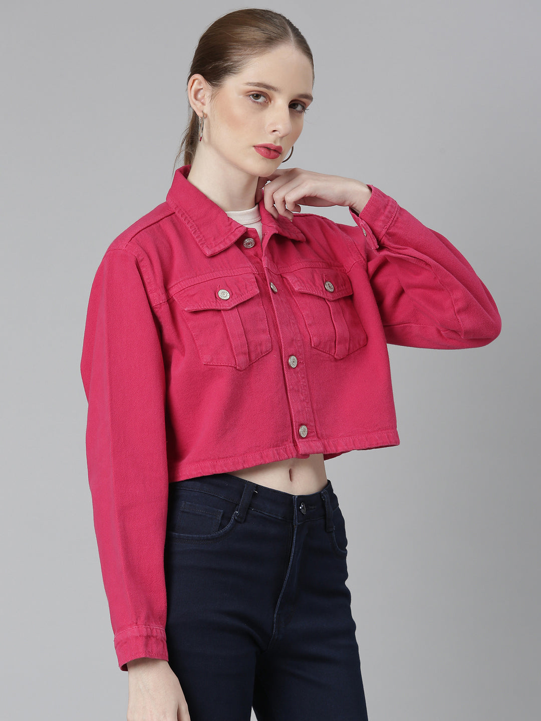 Women Fuchsia Solid Denim Jacket