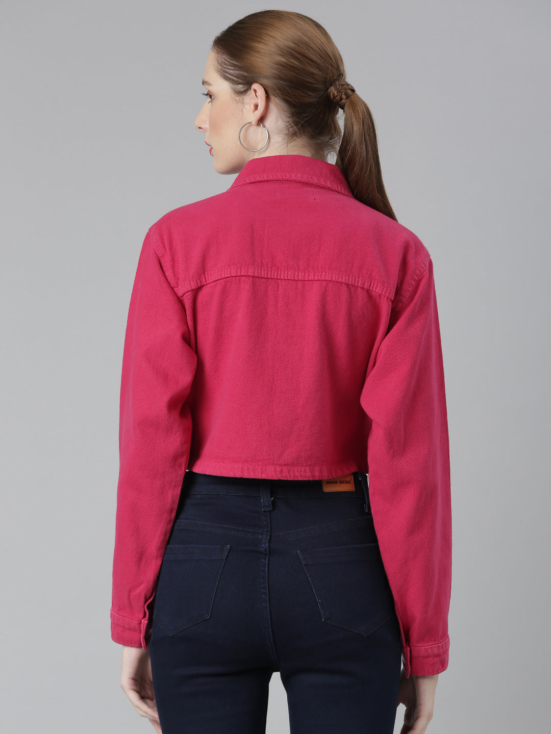 Women Fuchsia Solid Denim Jacket