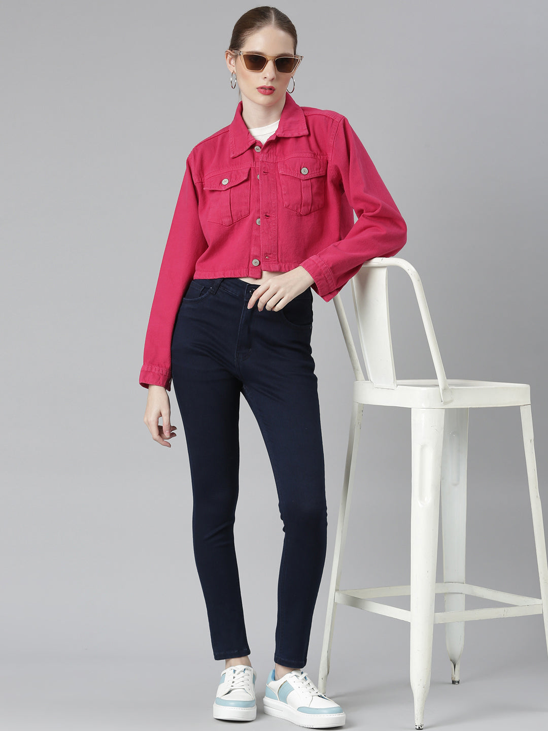 Women Fuchsia Solid Denim Jacket