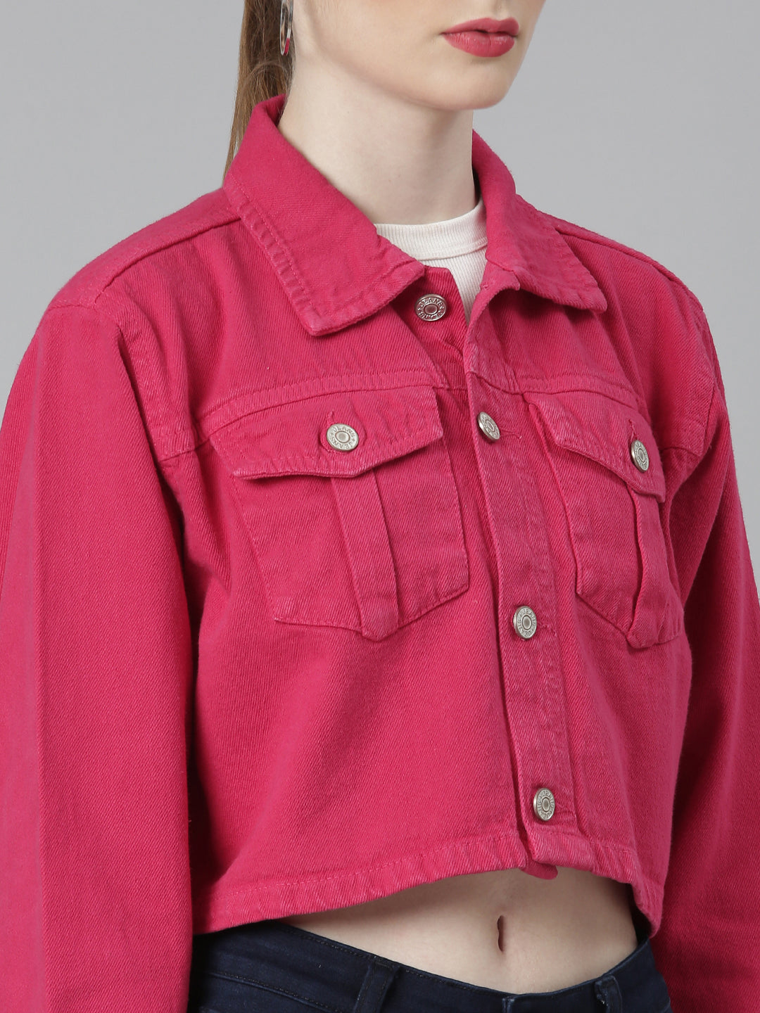 Women Fuchsia Solid Denim Jacket