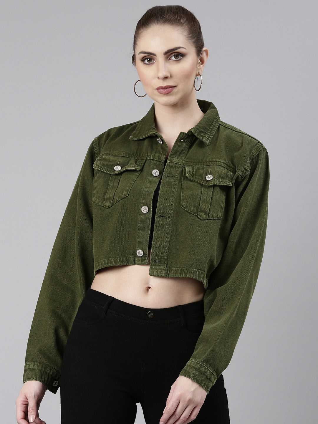 Women Green Solid Denim Jacket