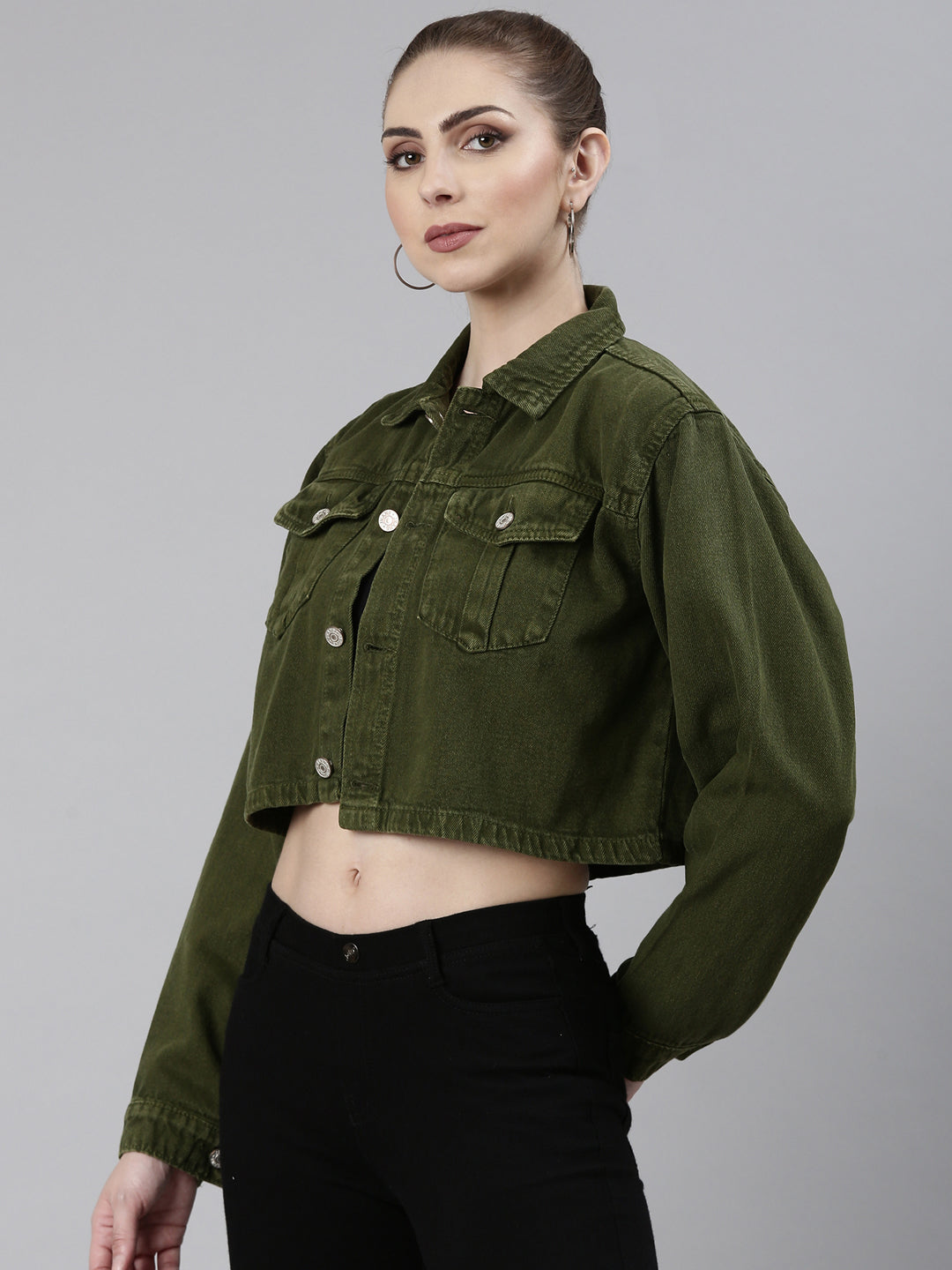 Women Green Solid Denim Jacket