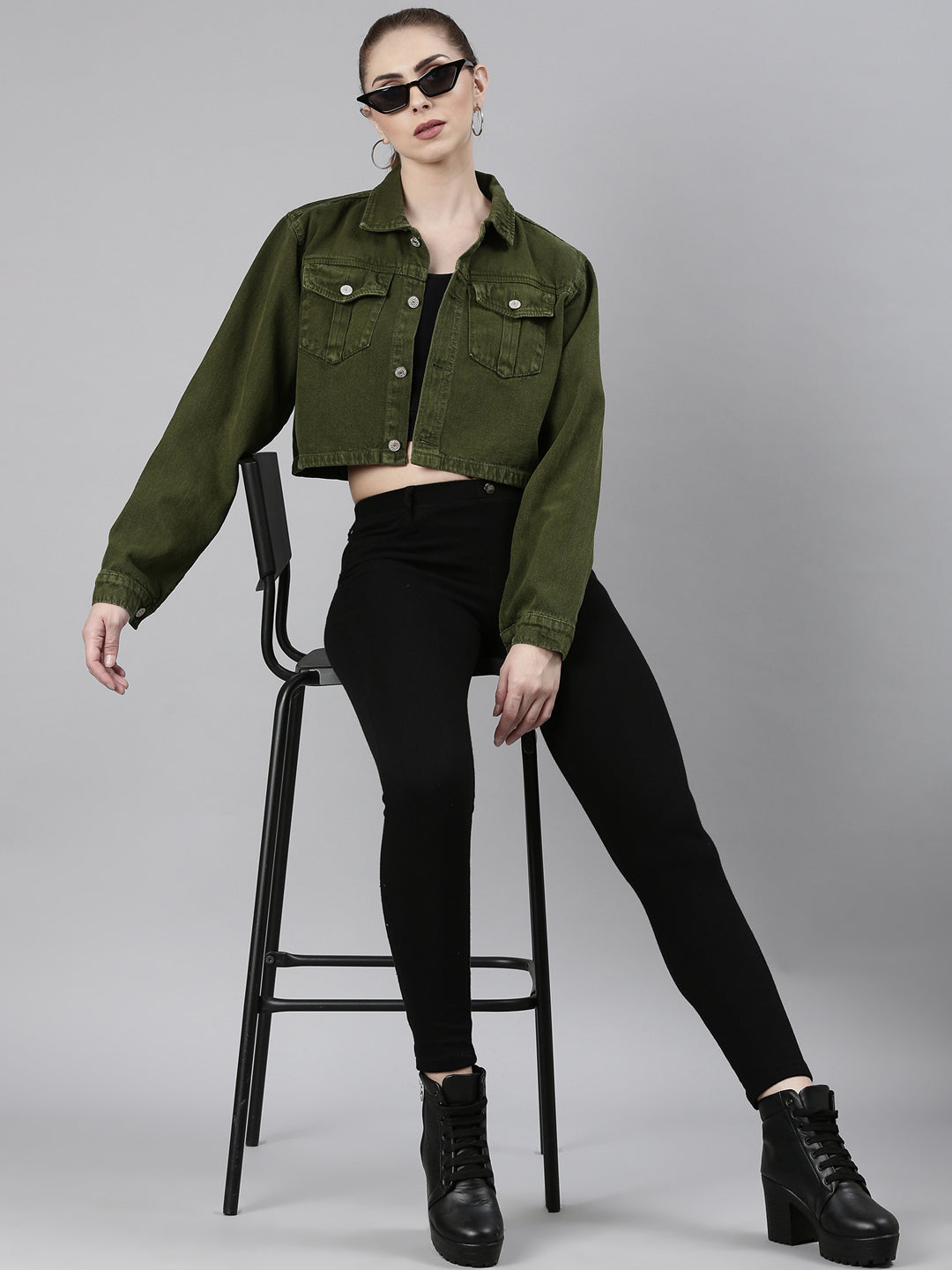 Women Green Solid Denim Jacket