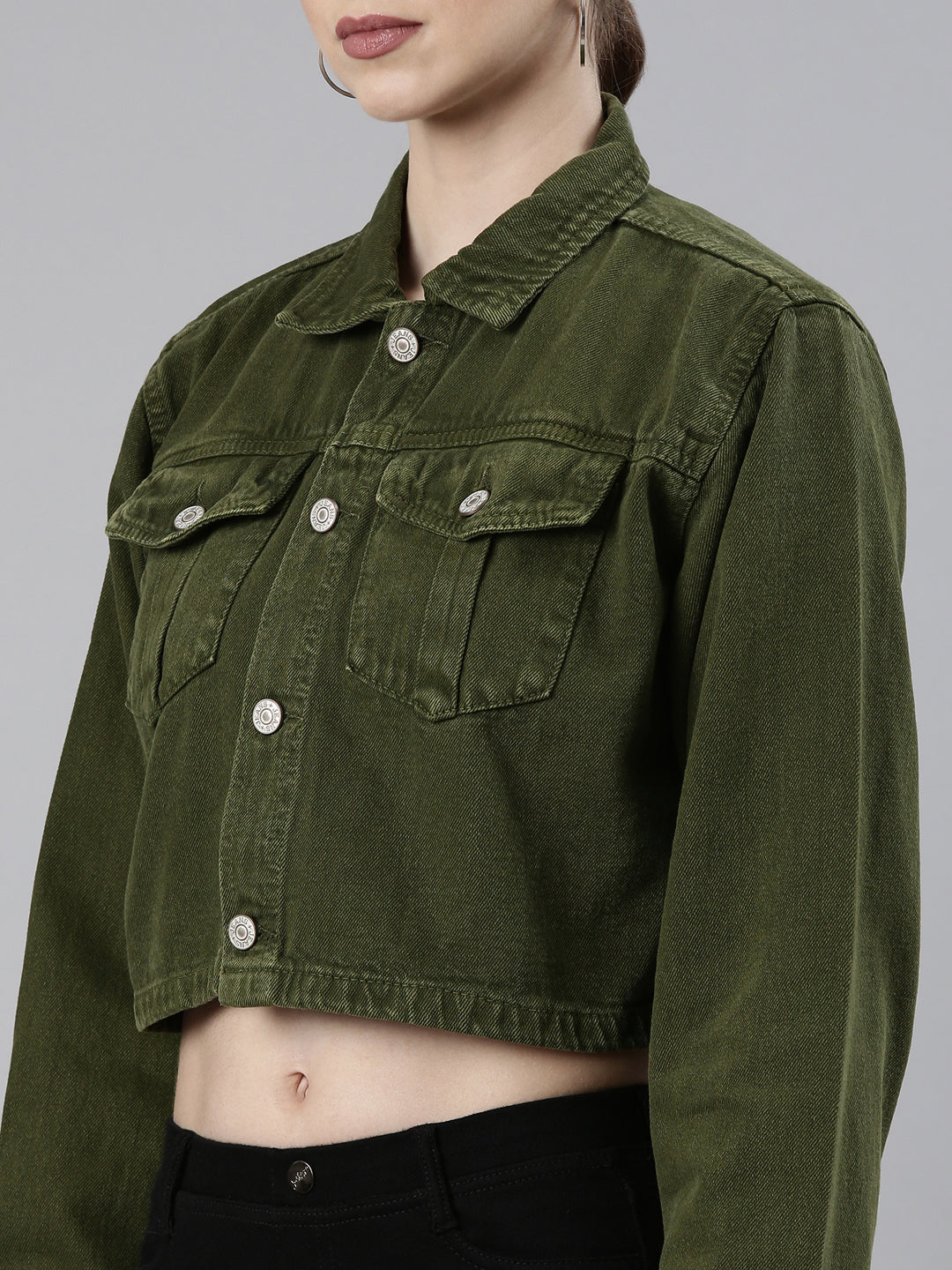 Women Green Solid Denim Jacket