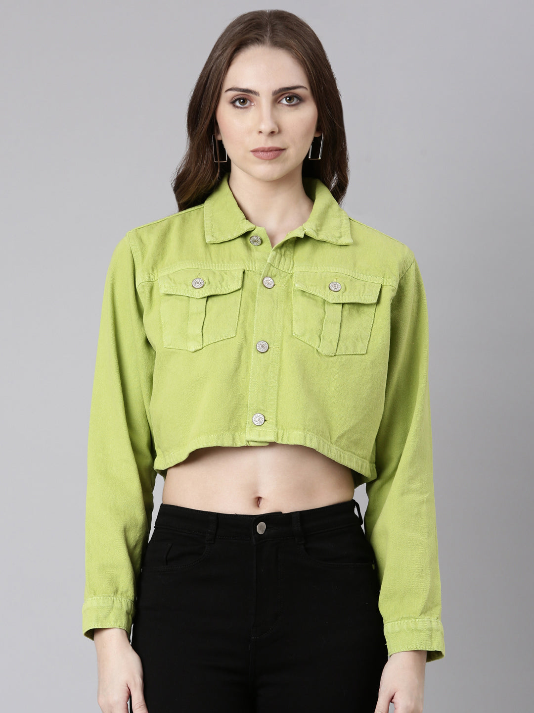 Women Lime Green Solid Denim Jacket