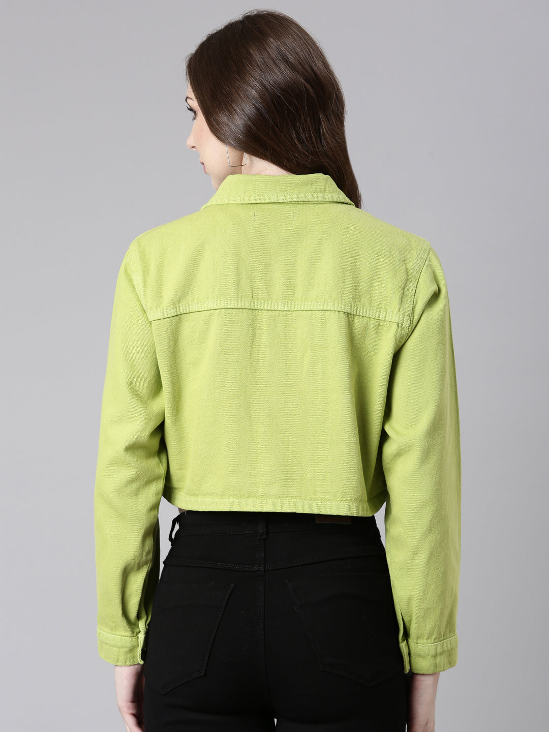 Women Lime Green Solid Denim Jacket