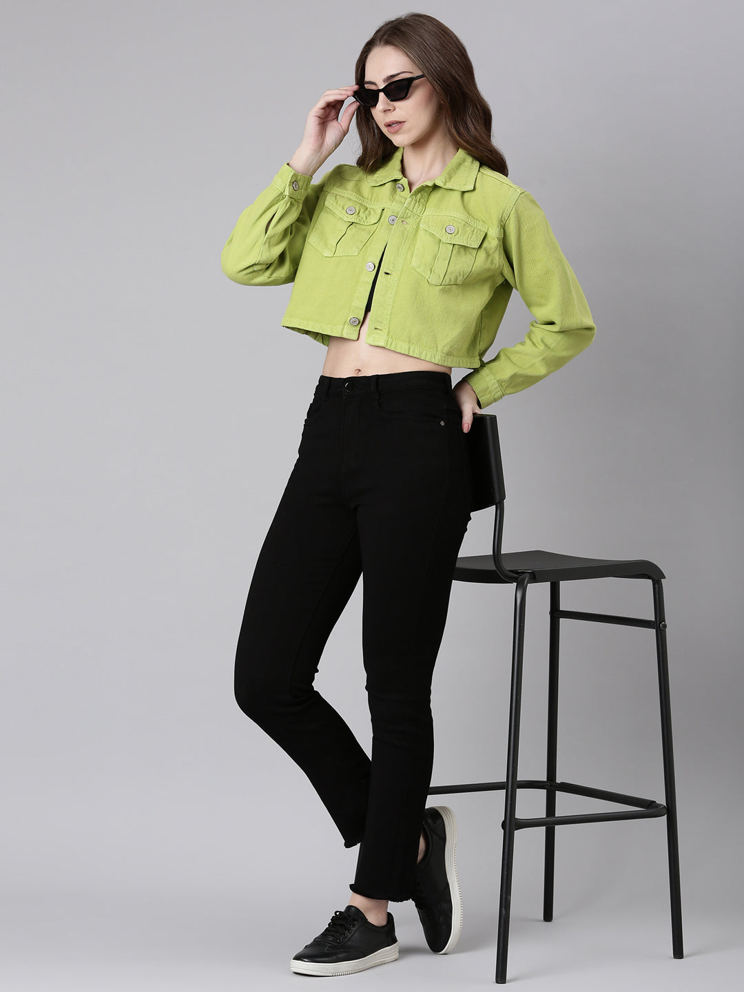 Women Lime Green Solid Denim Jacket