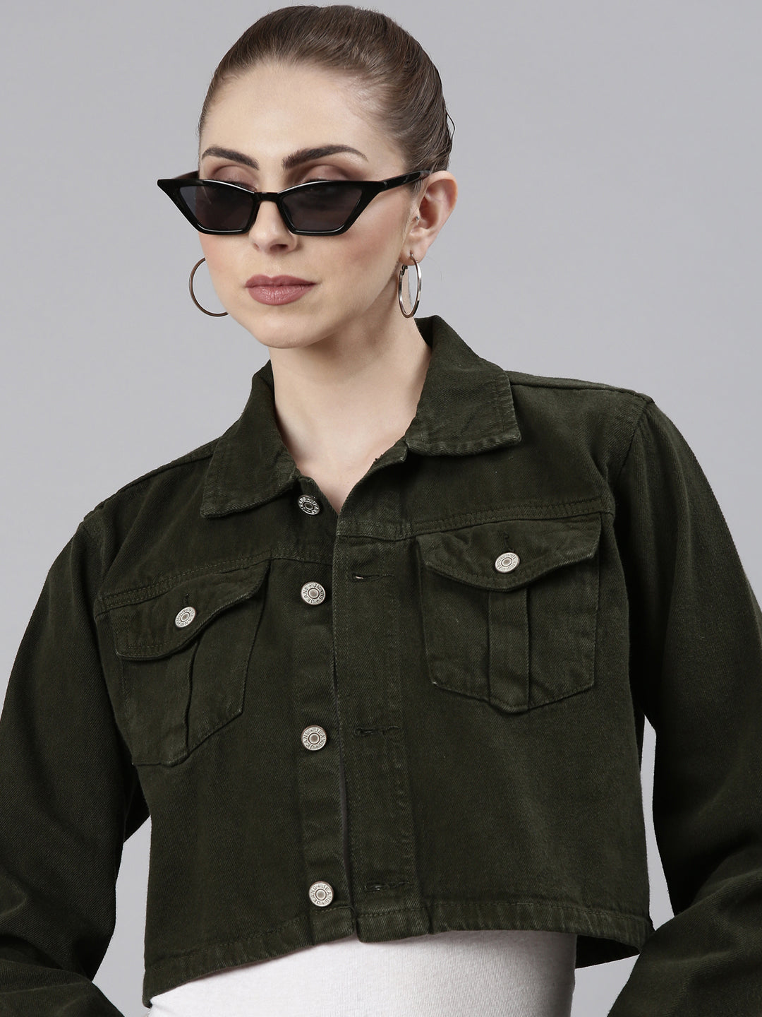 Women Olive Solid Denim Jacket