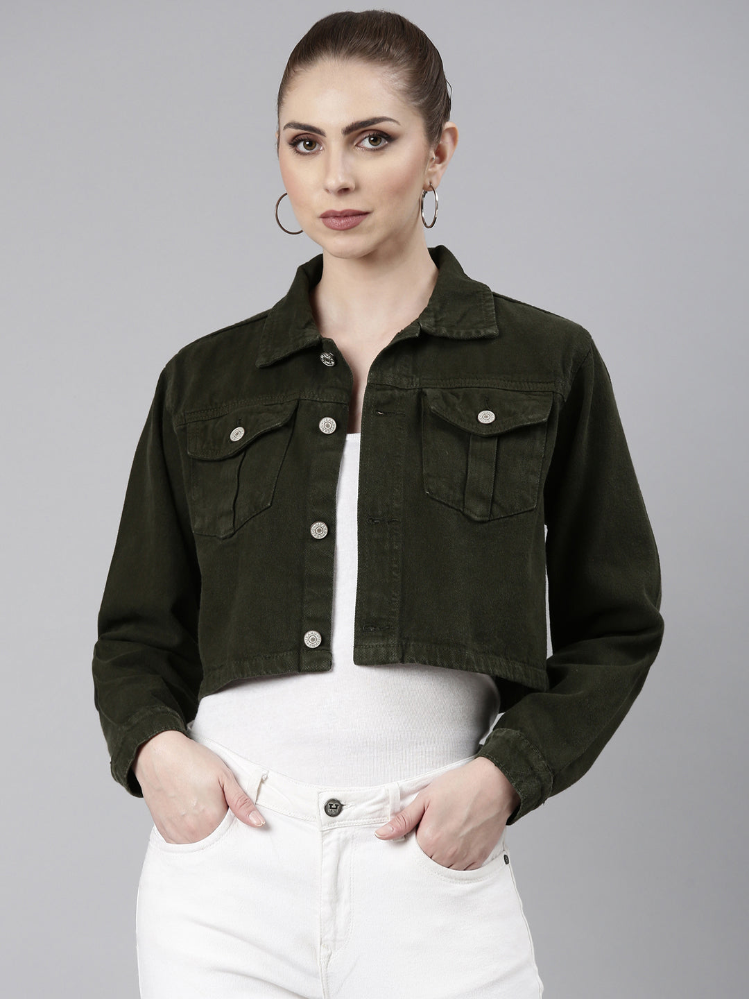 Women Olive Solid Denim Jacket