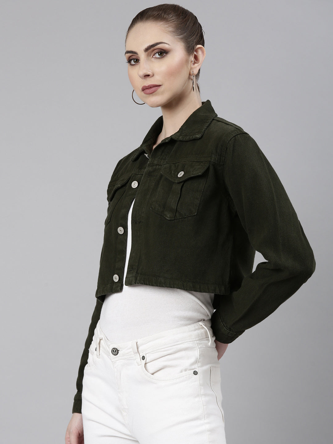 Women Olive Solid Denim Jacket