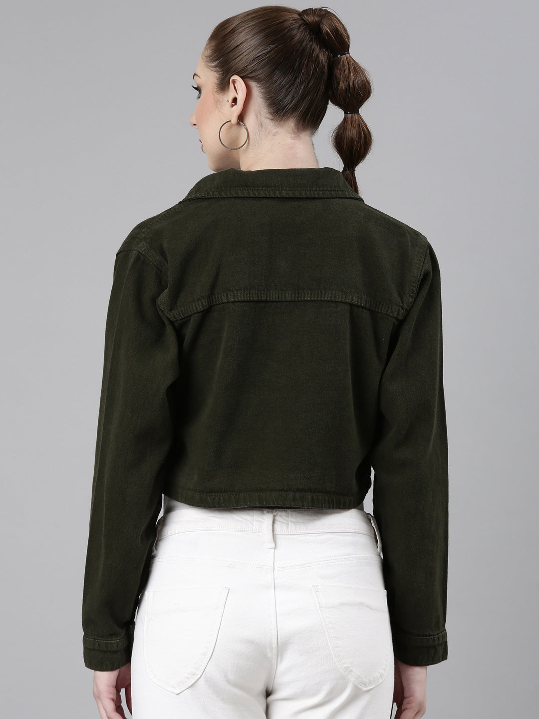 Women Olive Solid Denim Jacket