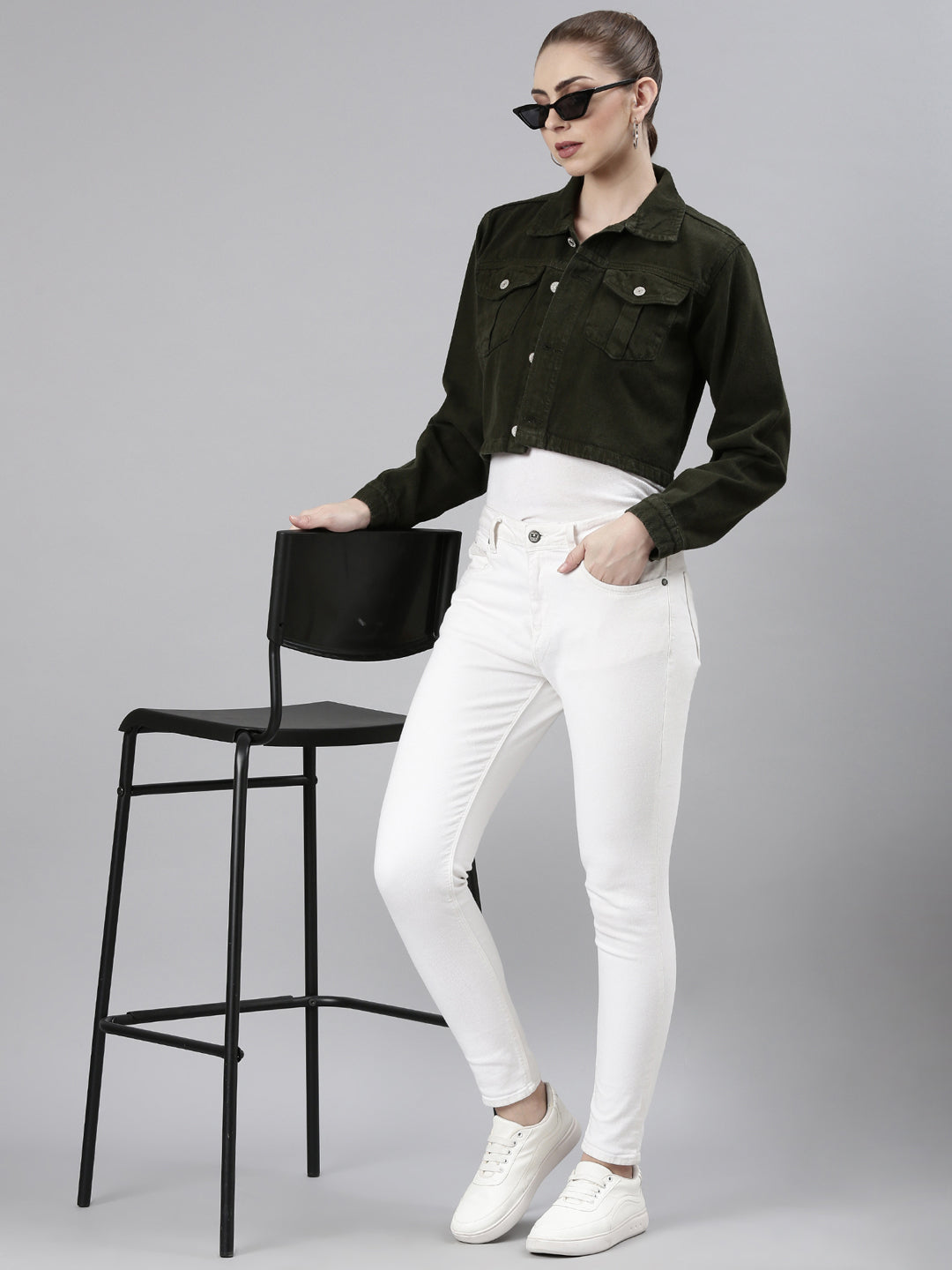 Women Olive Solid Denim Jacket