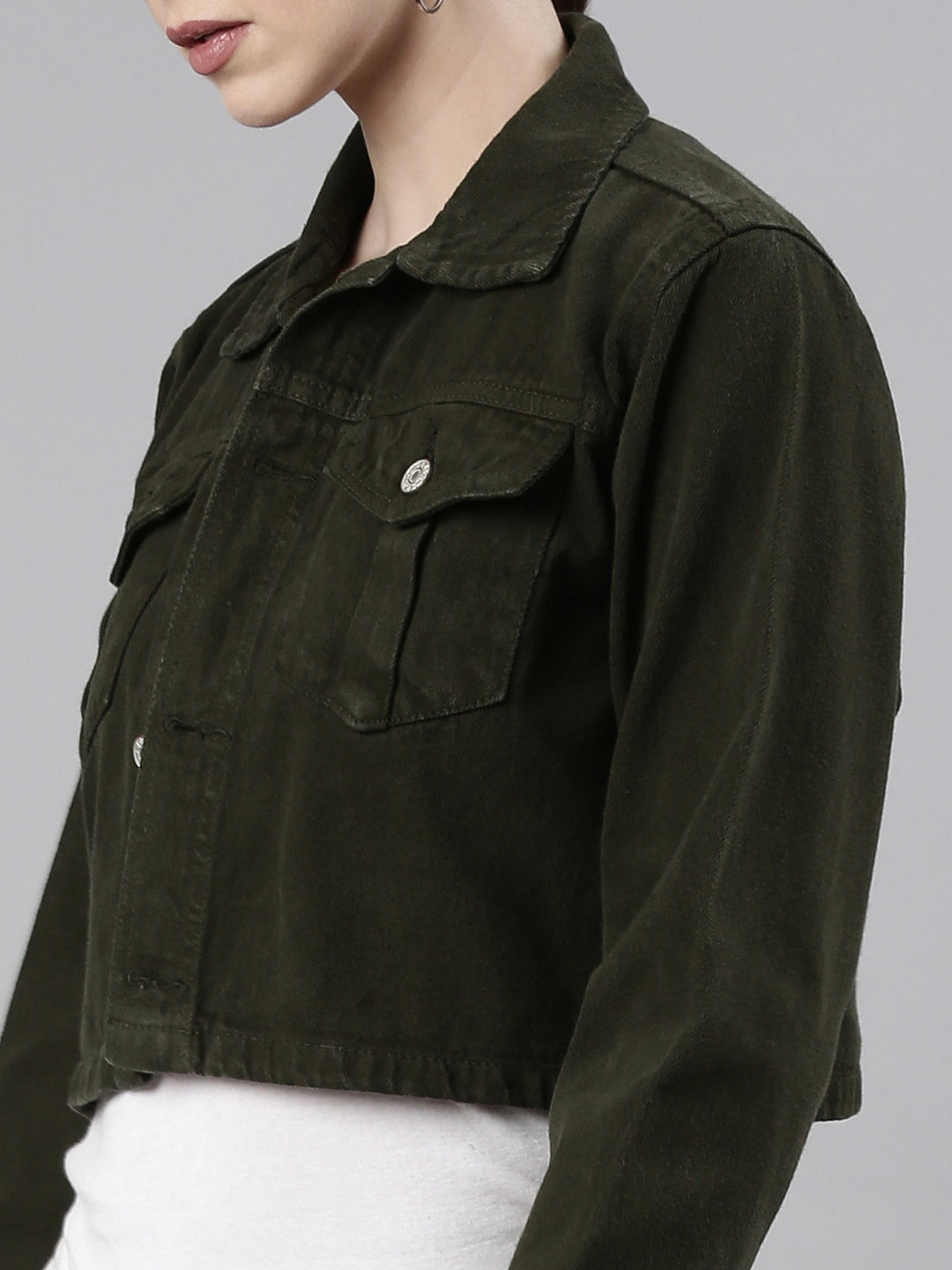 Women Olive Solid Denim Jacket