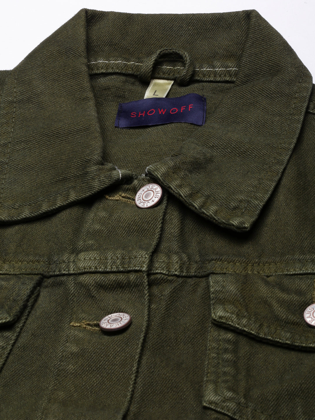 Women Olive Solid Denim Jacket