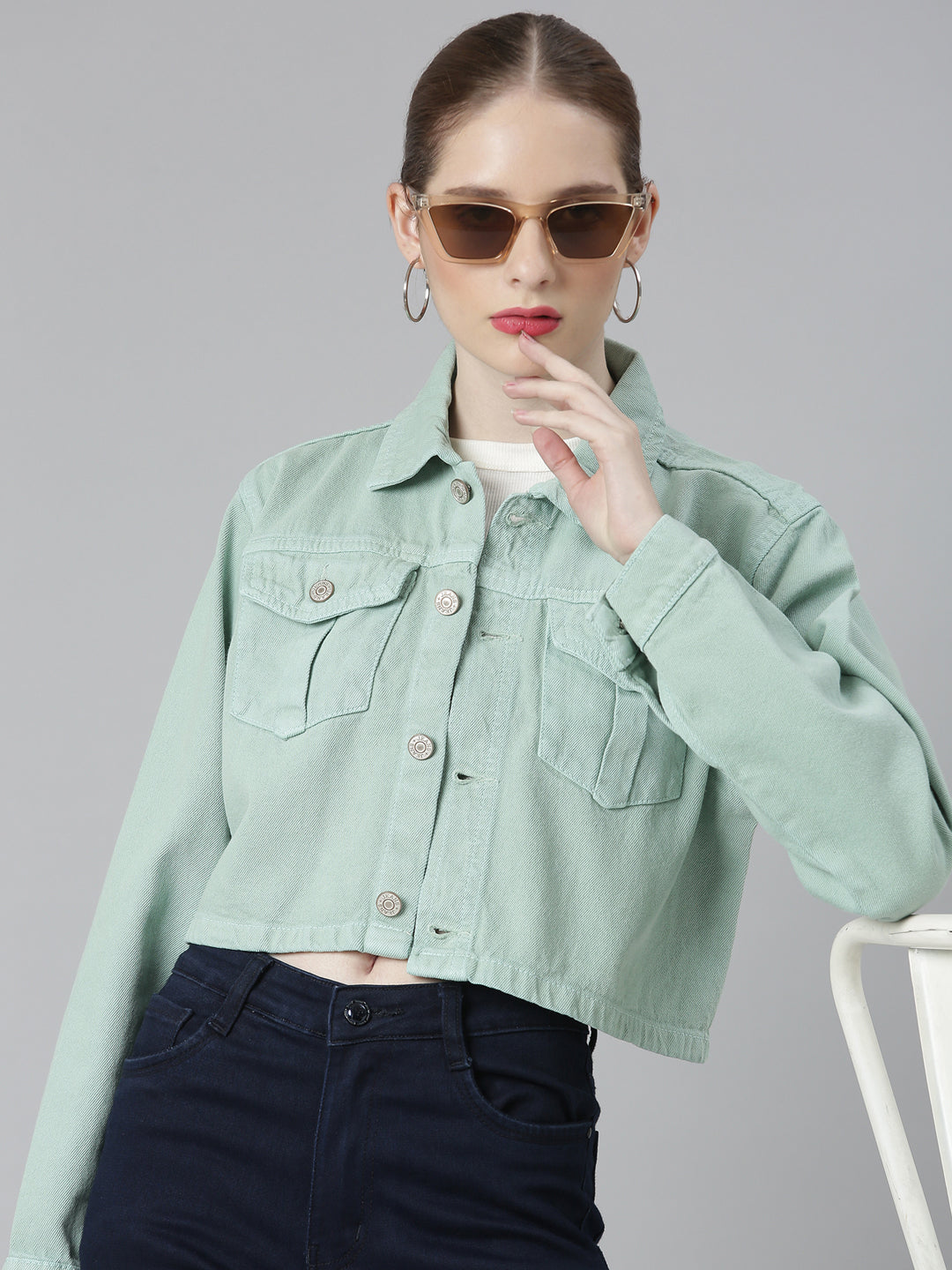 Women Sea Green Solid Denim Jacket