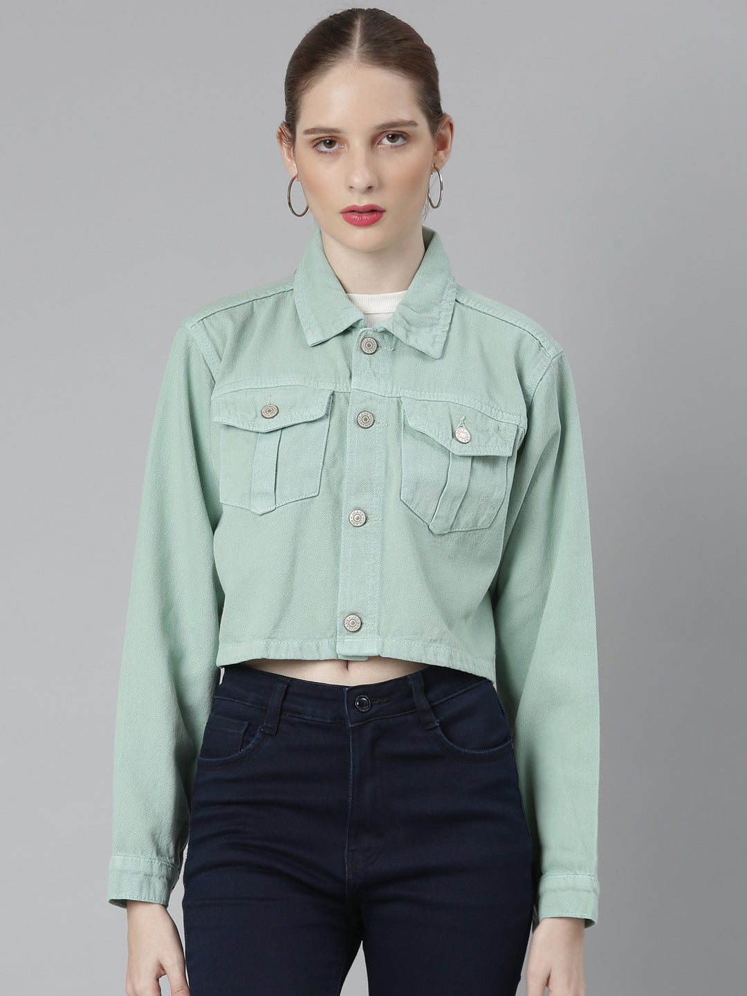 Women Sea Green Solid Denim Jacket