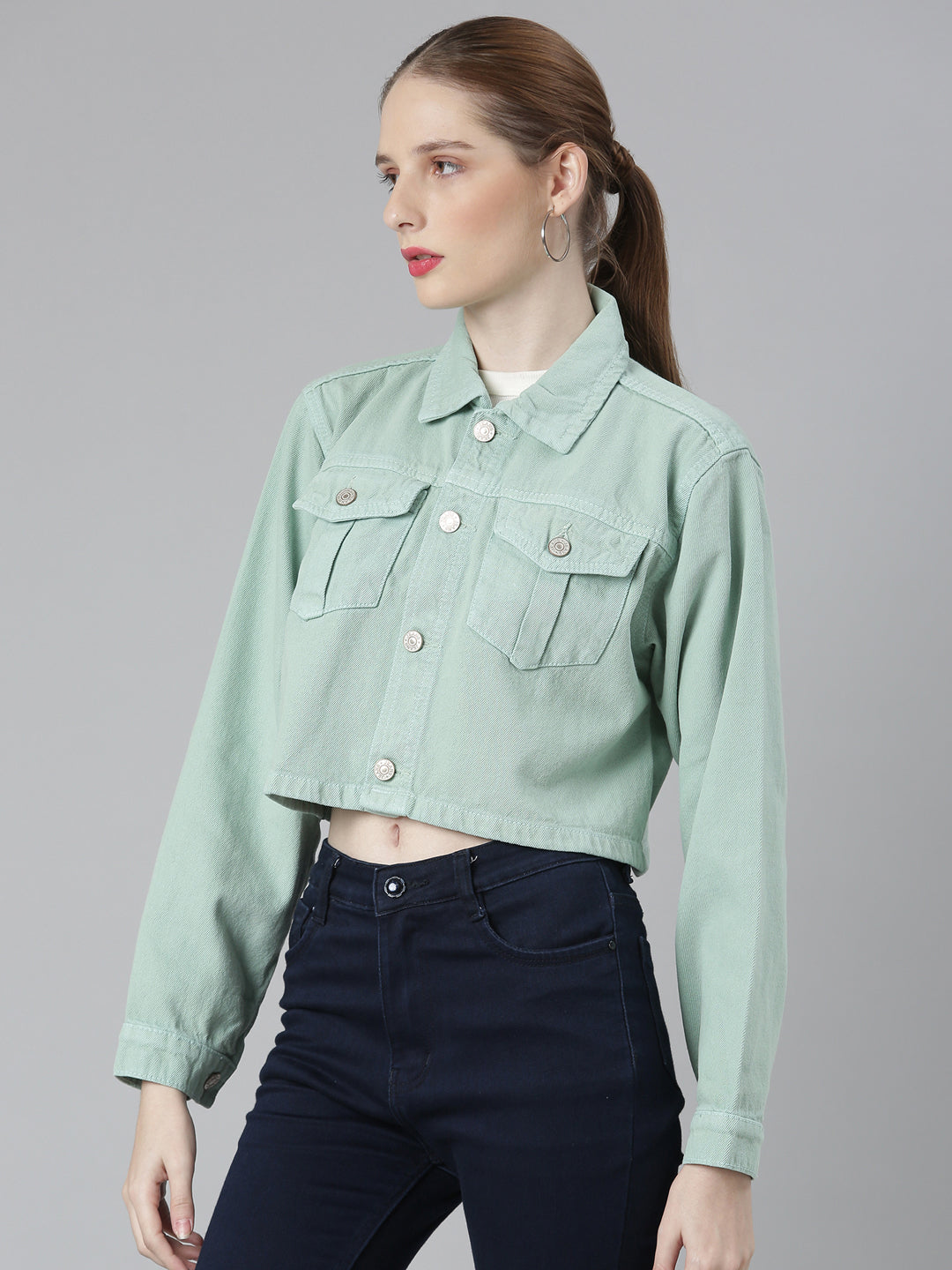 Women Sea Green Solid Denim Jacket