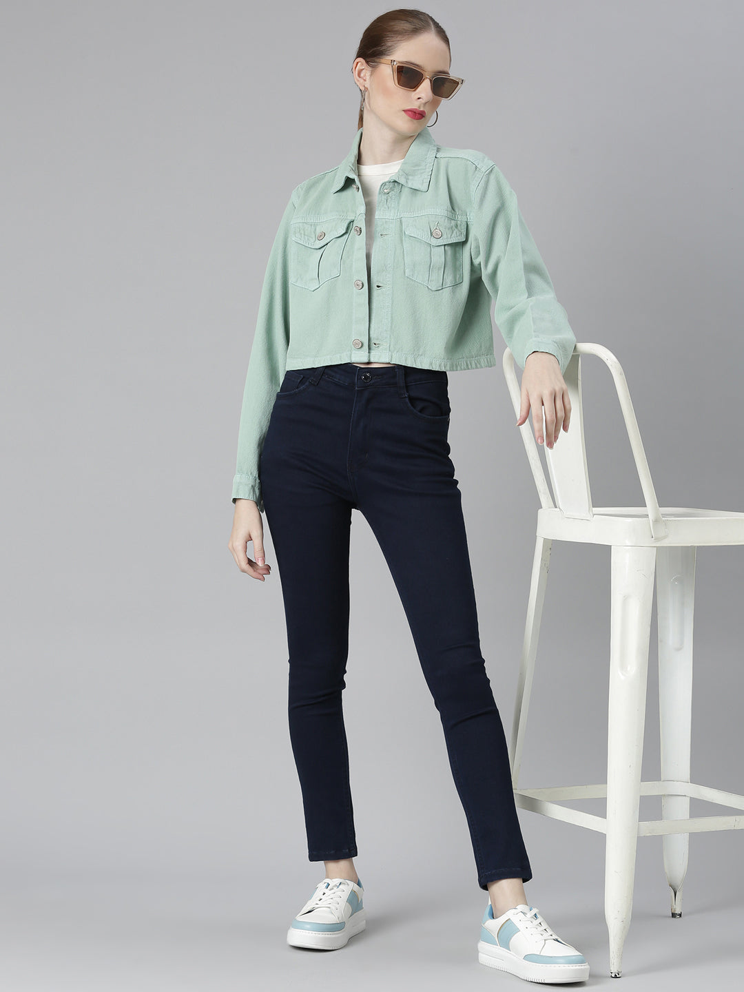 Women Sea Green Solid Denim Jacket