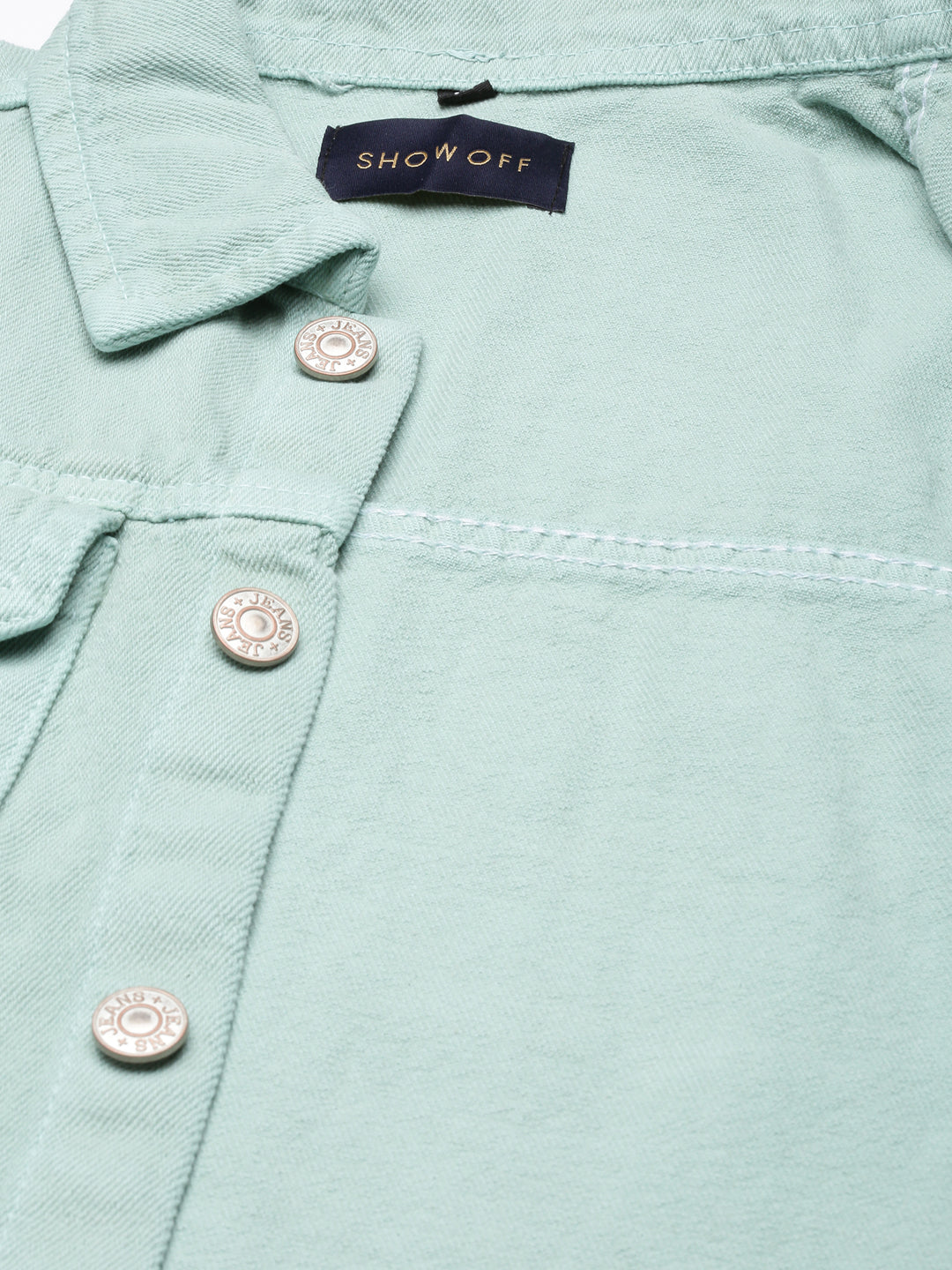 Women Sea Green Solid Denim Jacket