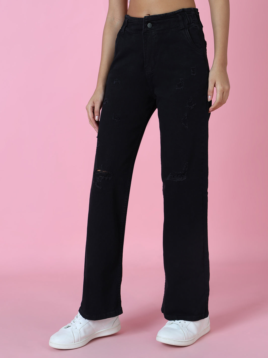 Women Black Solid Wide Leg Denim Jeans