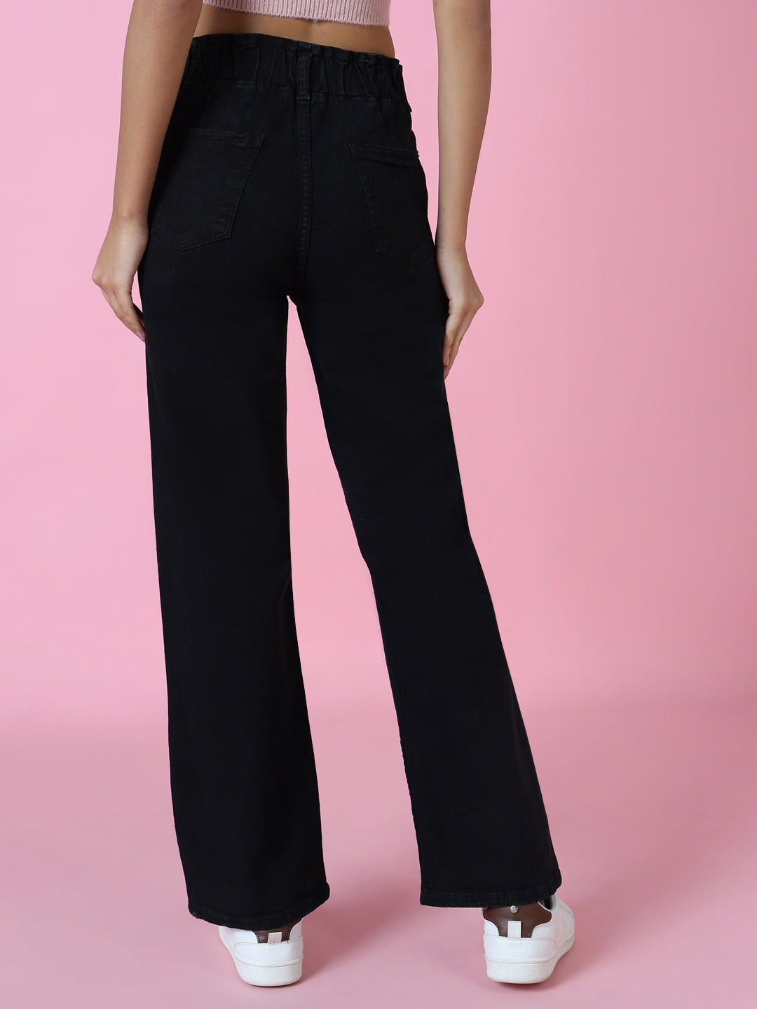 Women Black Solid Wide Leg Denim Jeans