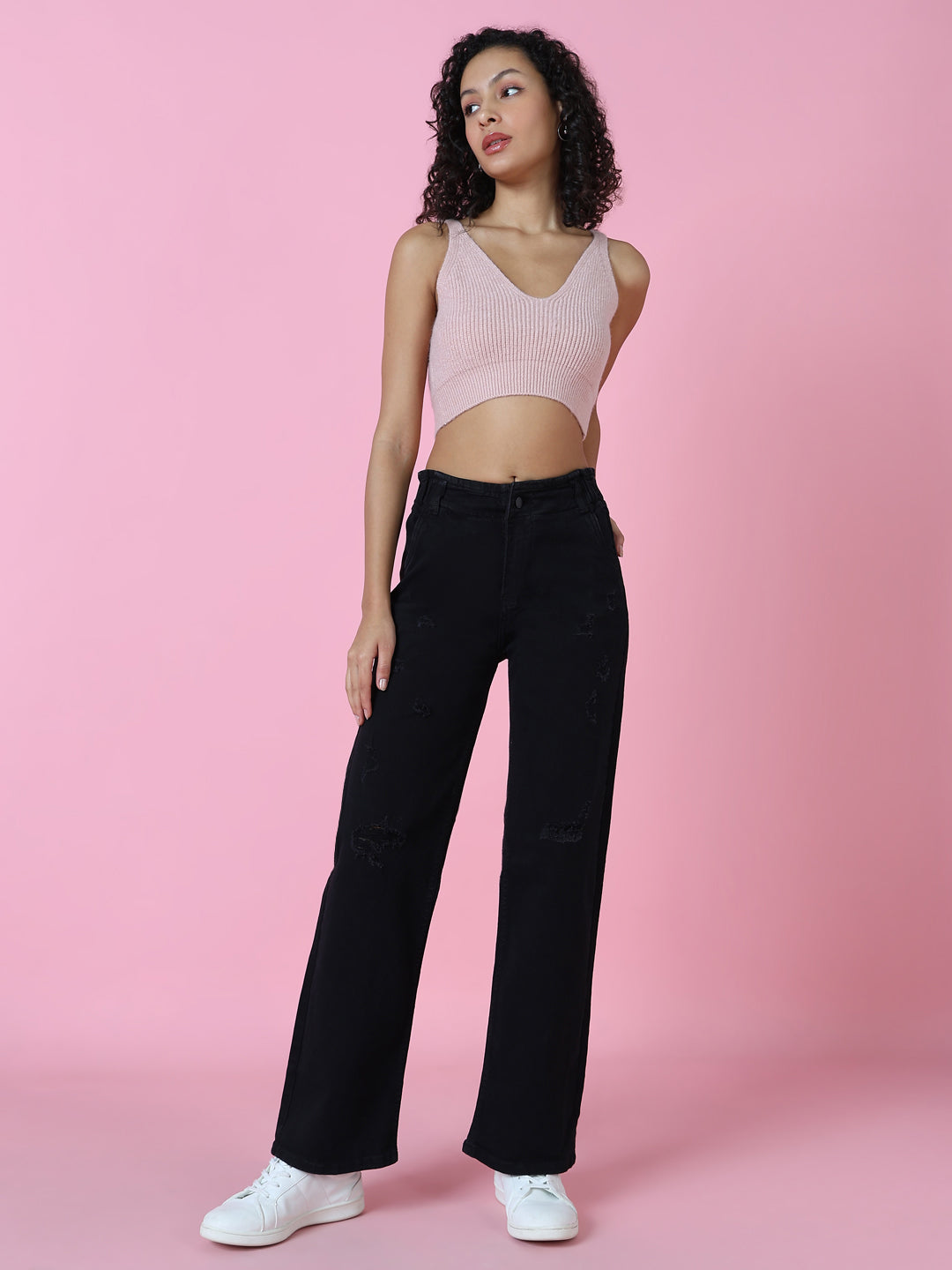 Women Black Solid Wide Leg Denim Jeans