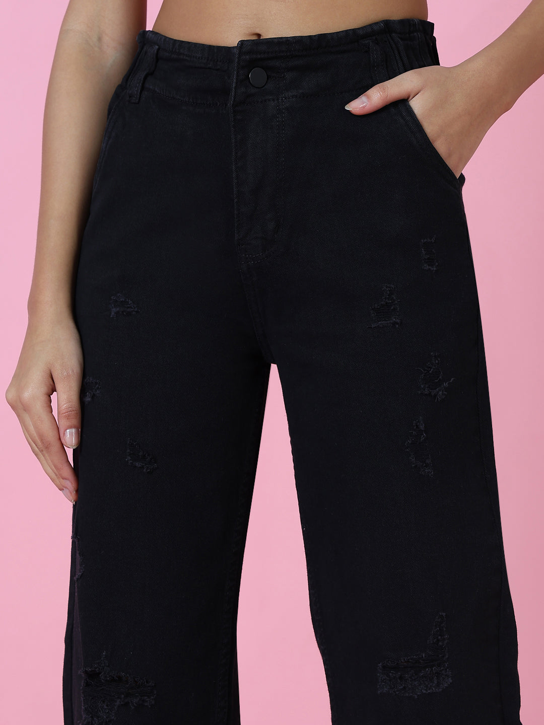 Women Black Solid Wide Leg Denim Jeans