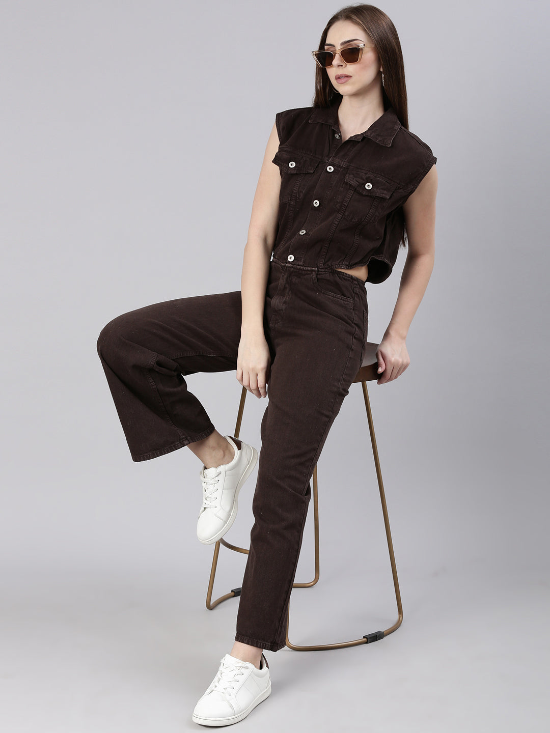 Women's Brown Cotton Shirt Collar Basic Jumpsuit