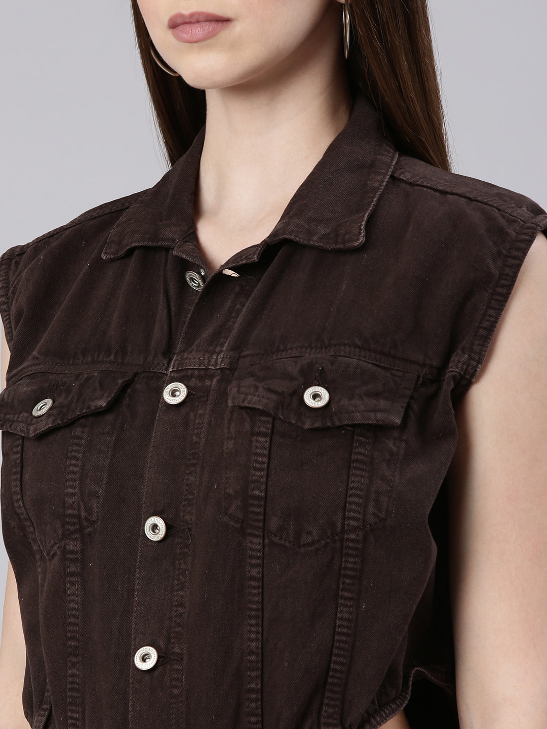 Women's Brown Cotton Shirt Collar Basic Jumpsuit