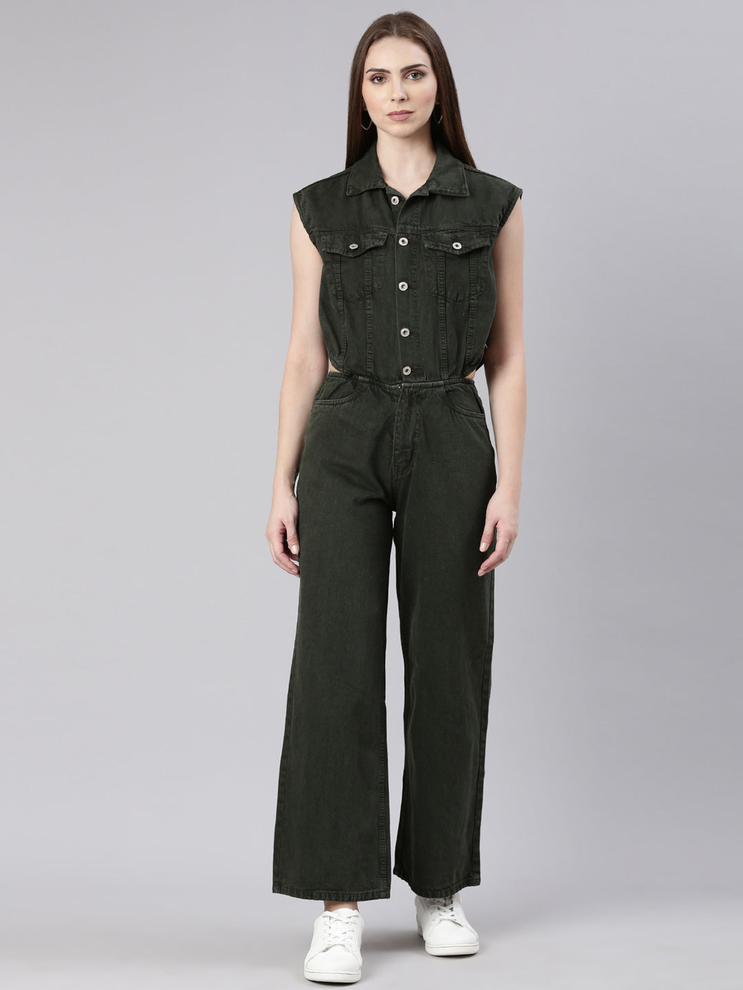 Women Solid Olive Basic Jumpsuit