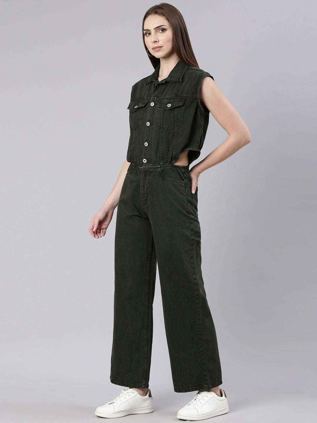 Women's Olive Shirt Collar Cotton Basic Jumpsuit