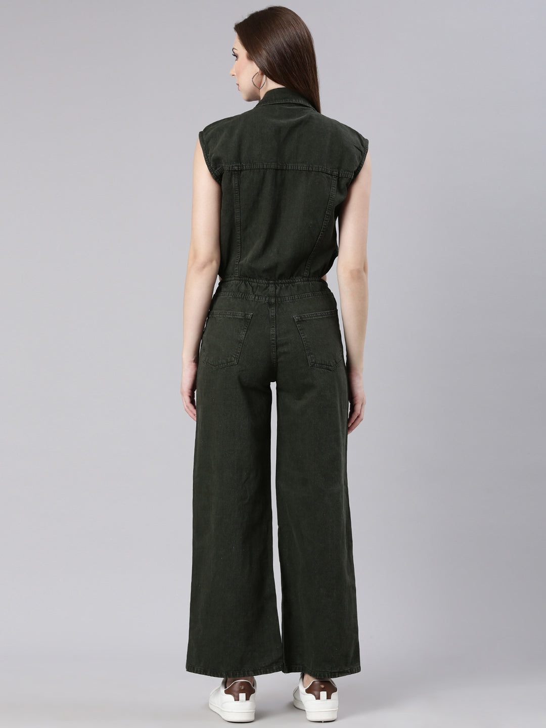 Women's Olive Shirt Collar Cotton Basic Jumpsuit