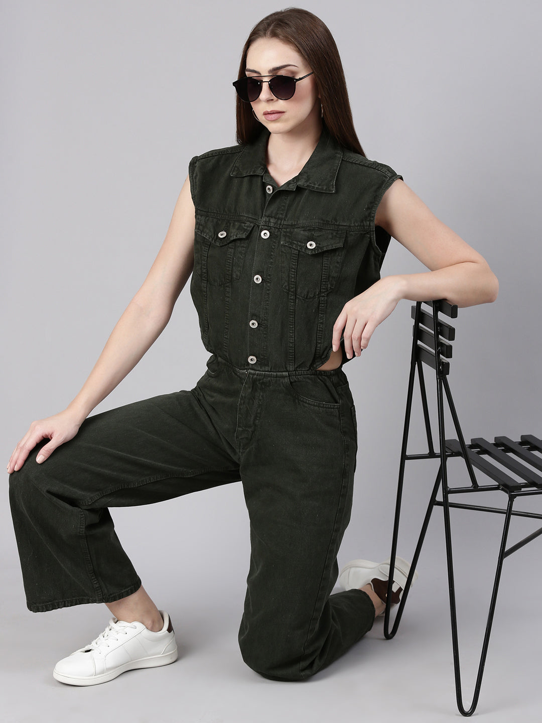 Women's Olive Shirt Collar Cotton Basic Jumpsuit