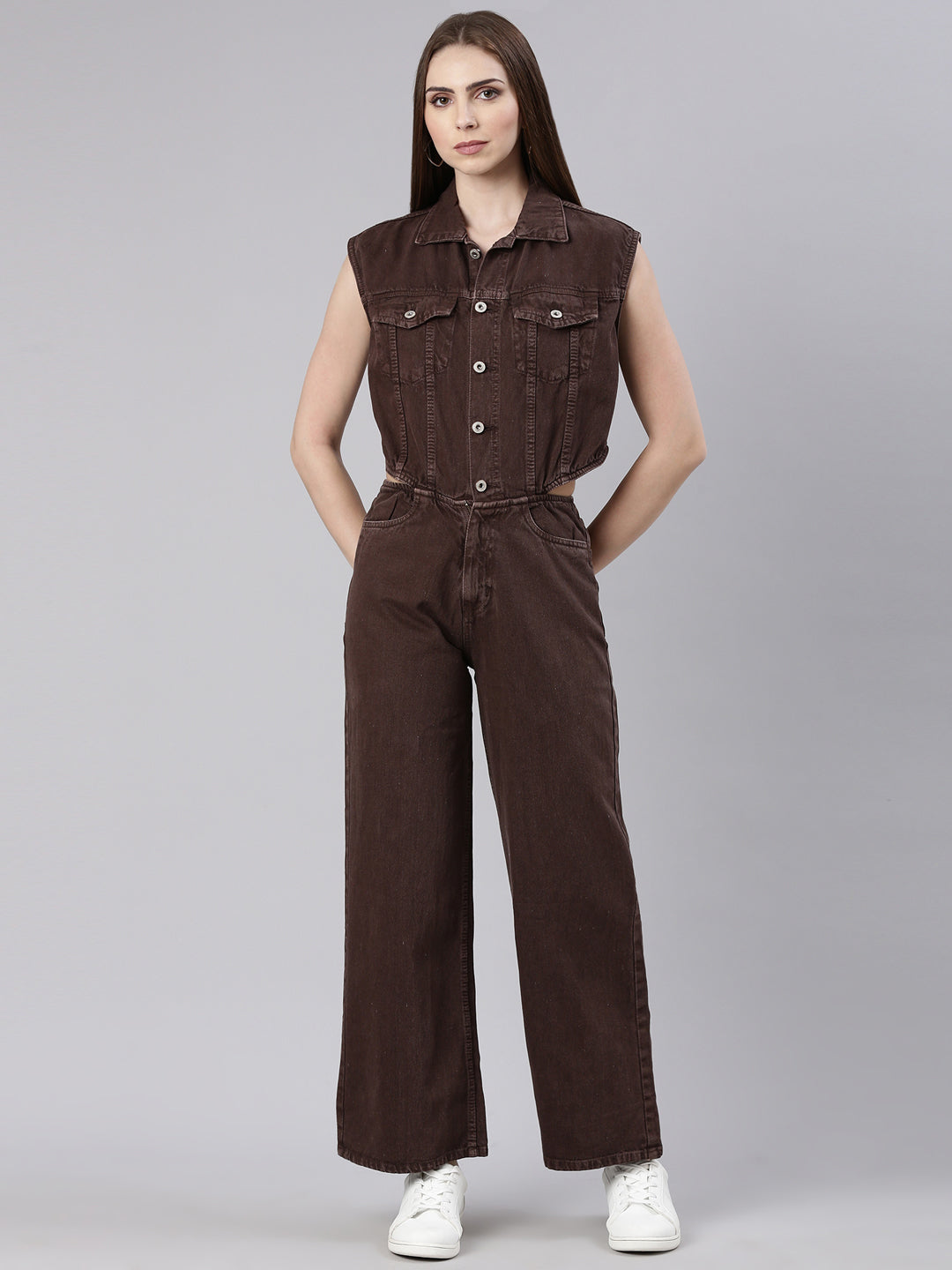 Women Solid Coffee Brown Basic Jumpsuit