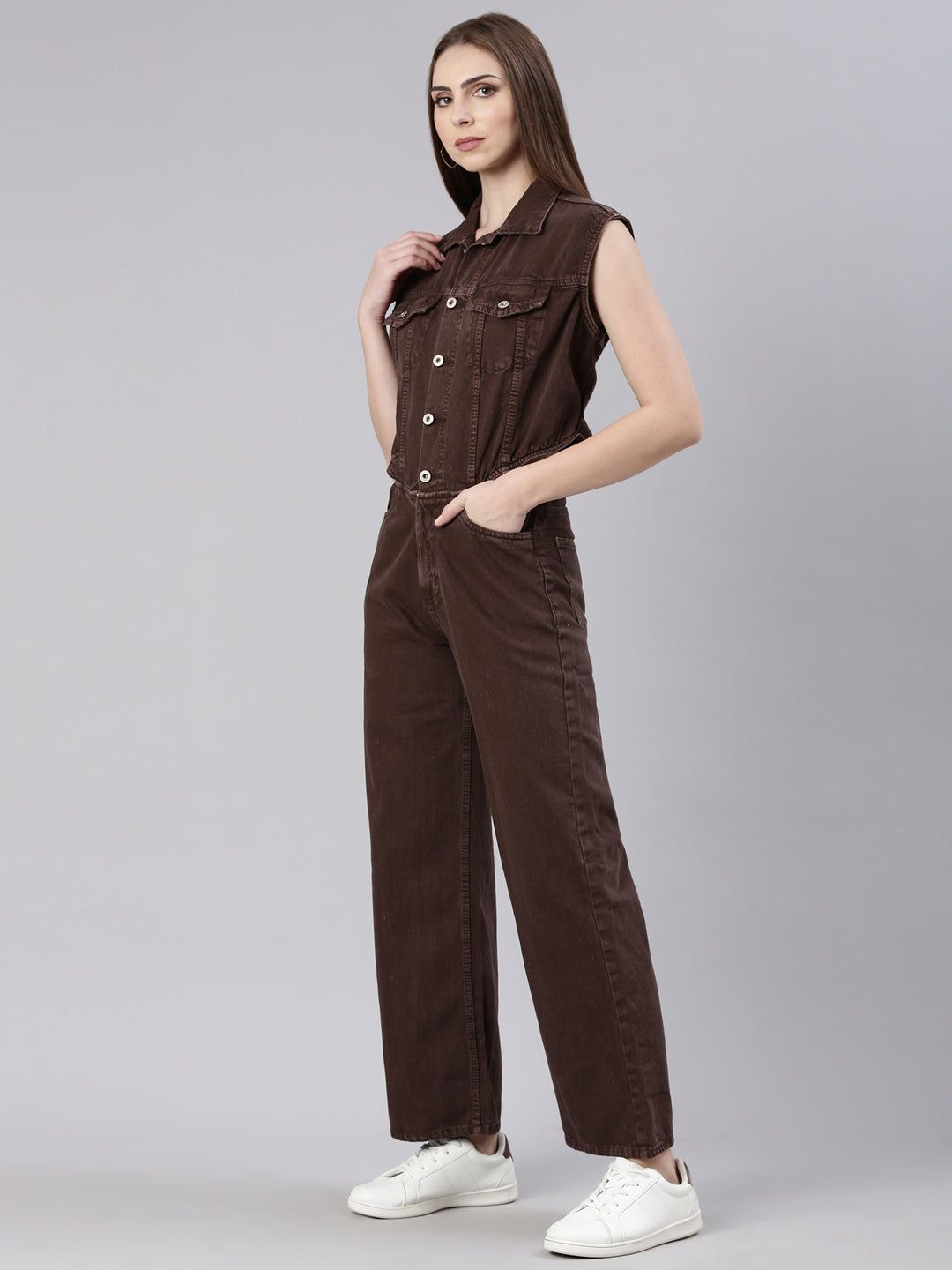 Women Solid Coffee Brown Basic Jumpsuit