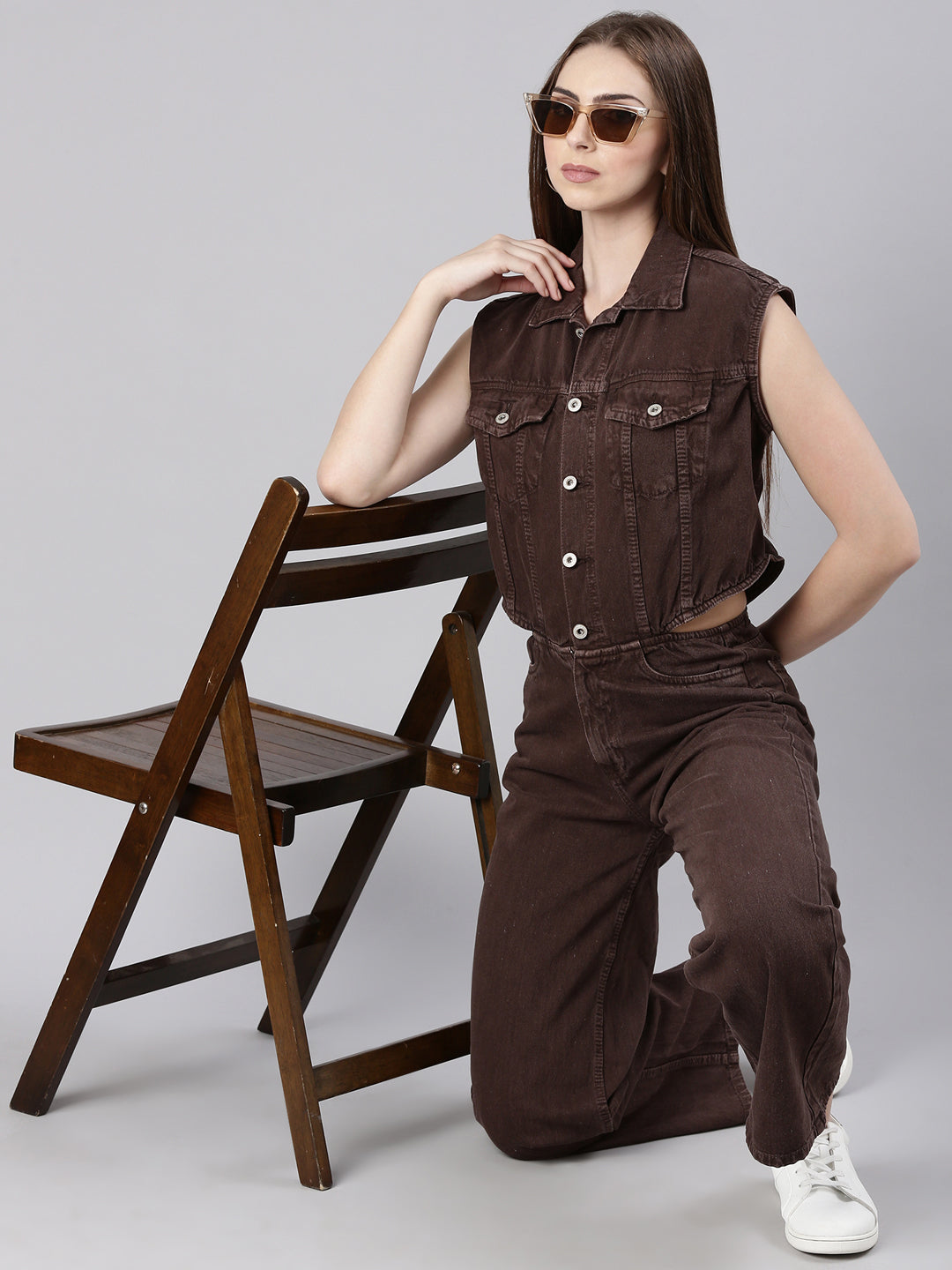 Women Solid Coffee Brown Basic Jumpsuit