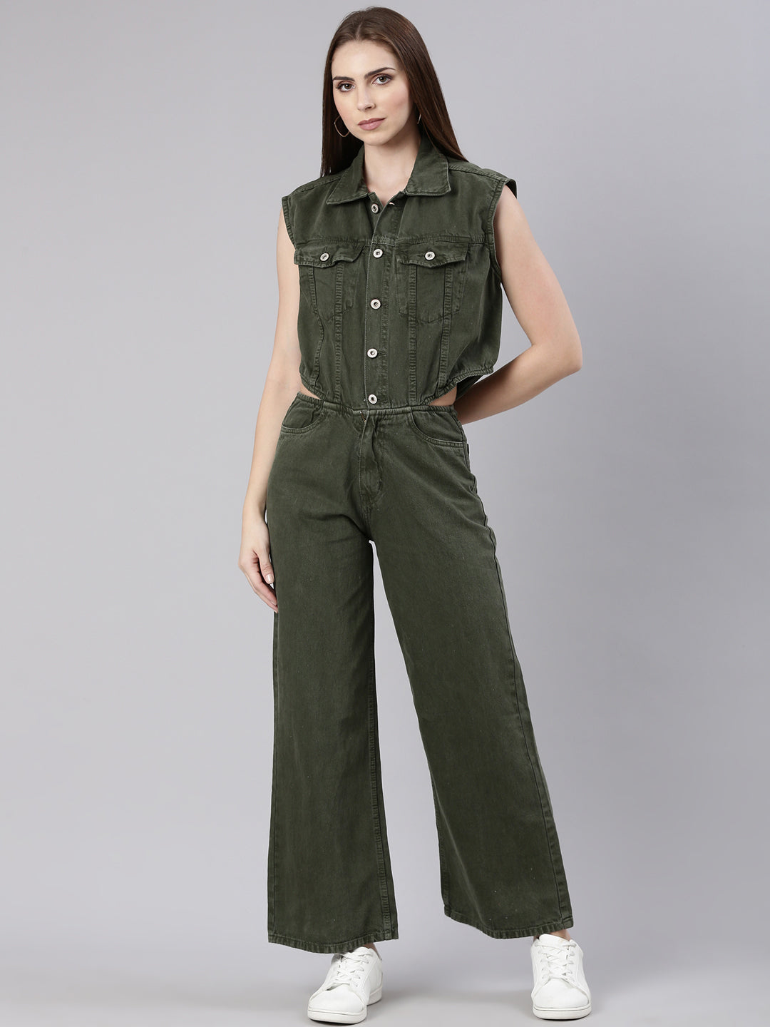 Women Solid Olive Basic Jumpsuit