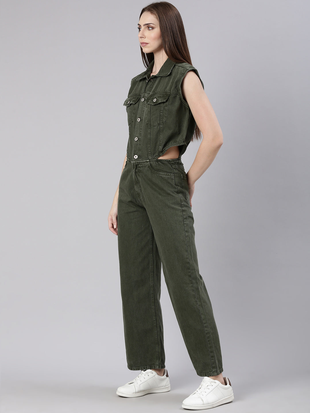 Women Solid Olive Basic Jumpsuit