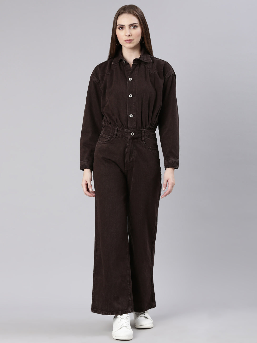 Women Solid Coffee Brown Basic Jumpsuit