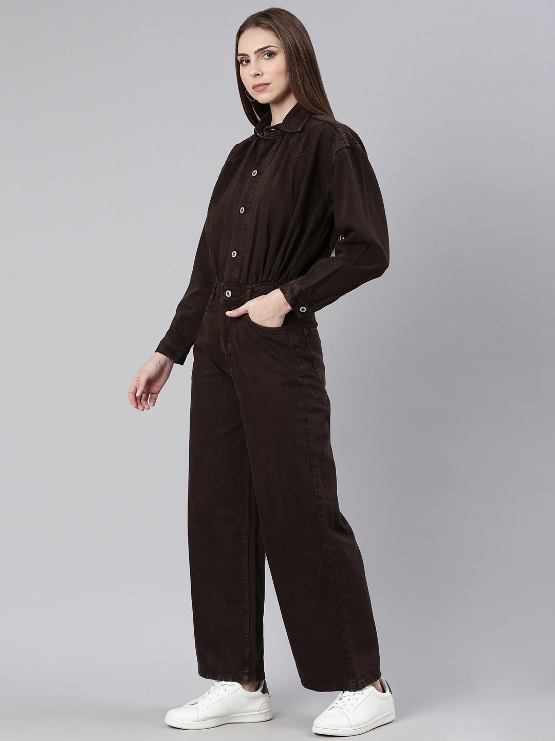 Women Solid Coffee Brown Basic Jumpsuit