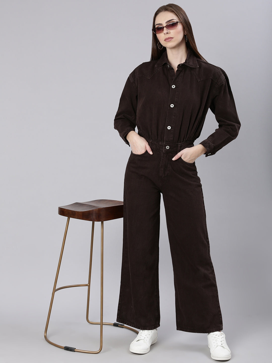 Women Solid Coffee Brown Basic Jumpsuit