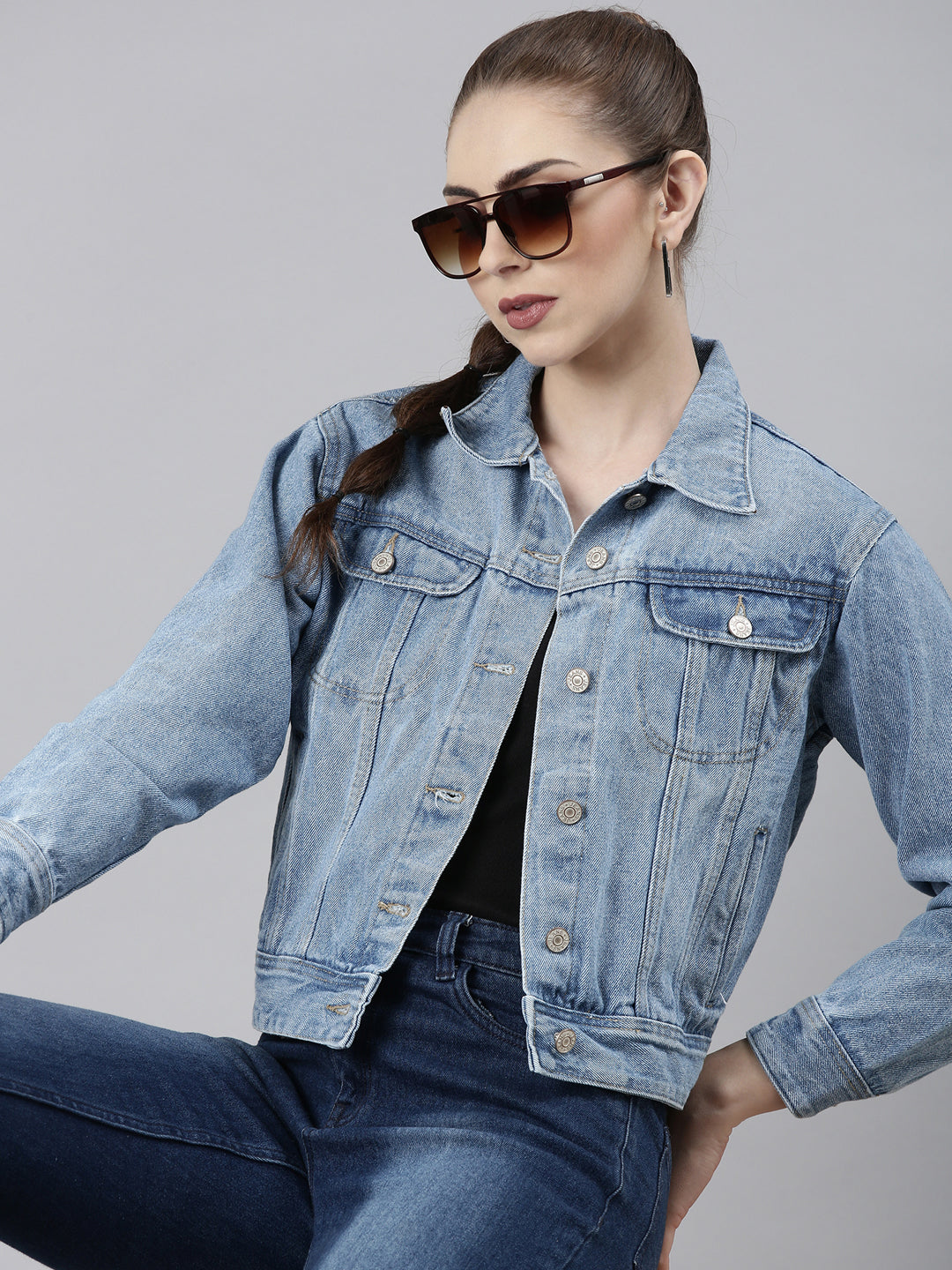 Women Blue Solid Denim Jacket