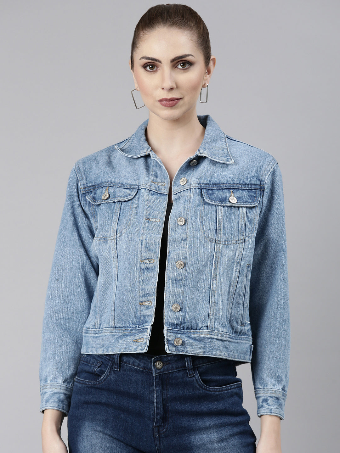 Women Blue Solid Denim Jacket